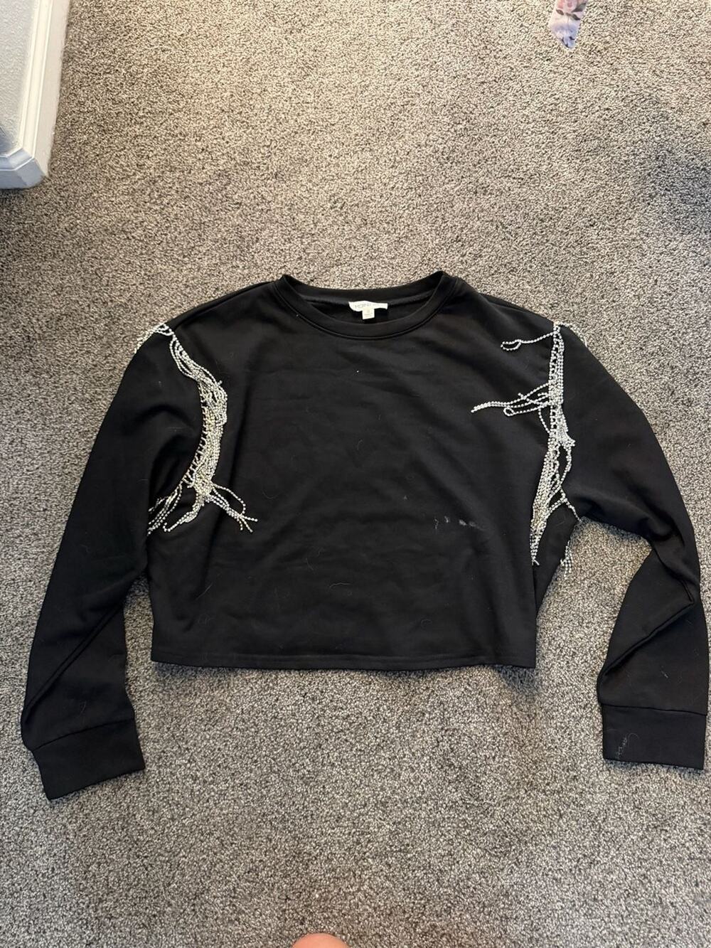 Mainstrip black sweatshirt with rhinestone fringe detailing